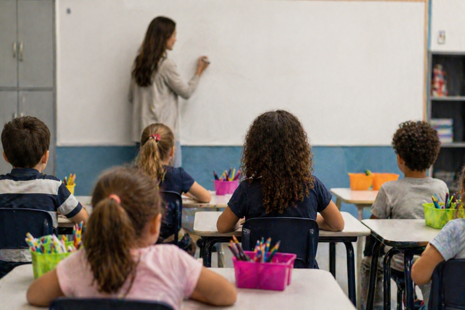 Professora em sala de aula inclusiva